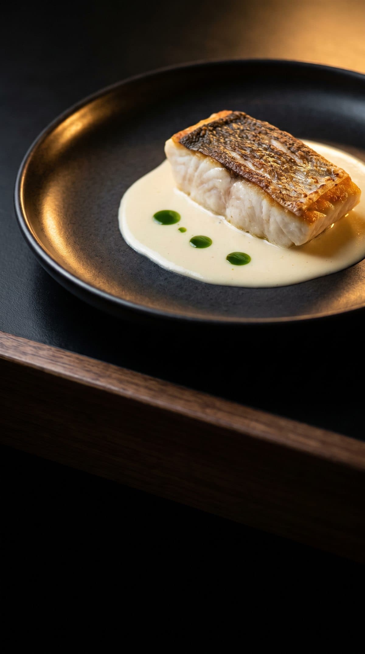 Filet de poisson nacré, nappé d'un beurre blanc, sur une assiette de céramique sombre.